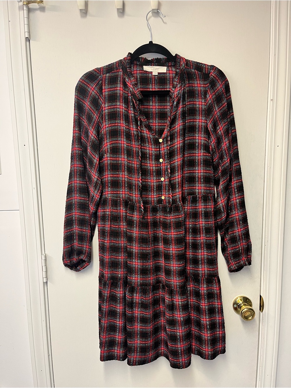 LOFT Black Red Plaid Tiered Dress Small Ruffle Long Sleeve
